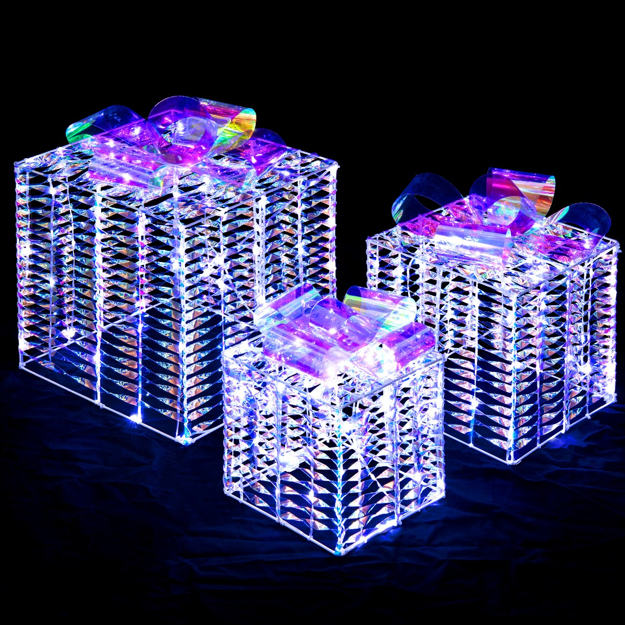 Lighted Christmas Gift Boxes 3-Piece Iridescent LED Indoor Outdoor Decoration Set